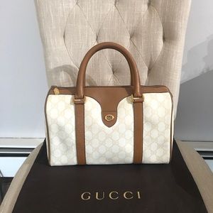 Authentic Gucci white & brown Boston satchel bag